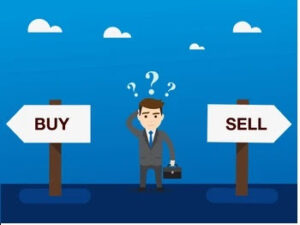illustration of person not sure whether to buy or sell